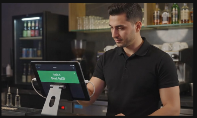 Hookah+ staff member viewing Table 4 bowl refill request on a tablet during service